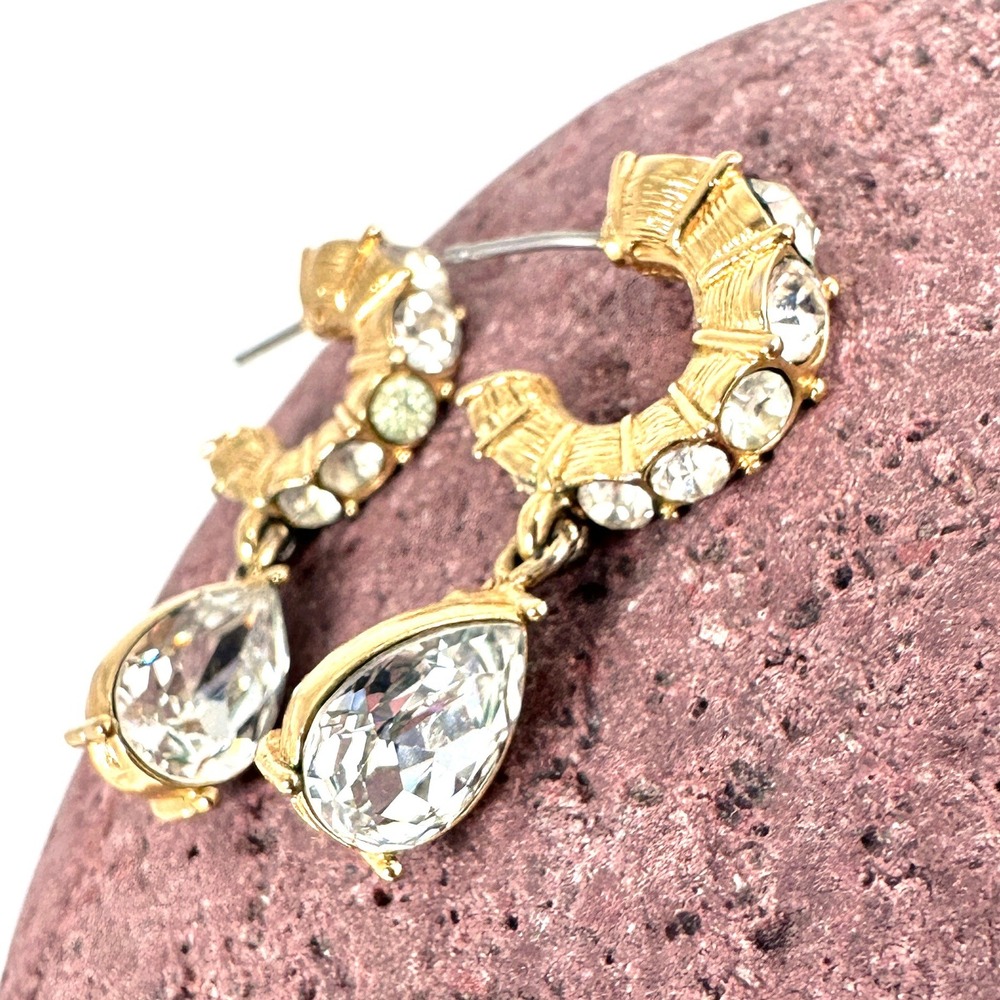 Vintage Monet Gold Tone Rhinestone Hoop Drop Earrings‎ Teardrop Dangle Signed